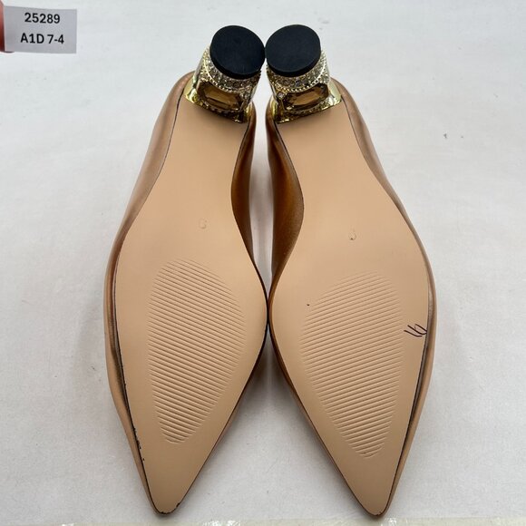 FSJ Gold Bridal Pointed Toe Block Low Heel Crystal Pumps Slip on Wedding Shoes - Picture 7 of 8